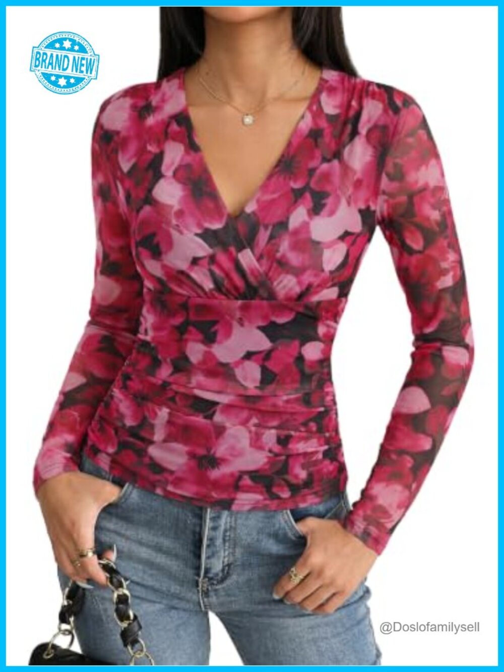 Boho Mesh Long Sleeve Blouse with V-Neck Ruched Waist Wrap Top